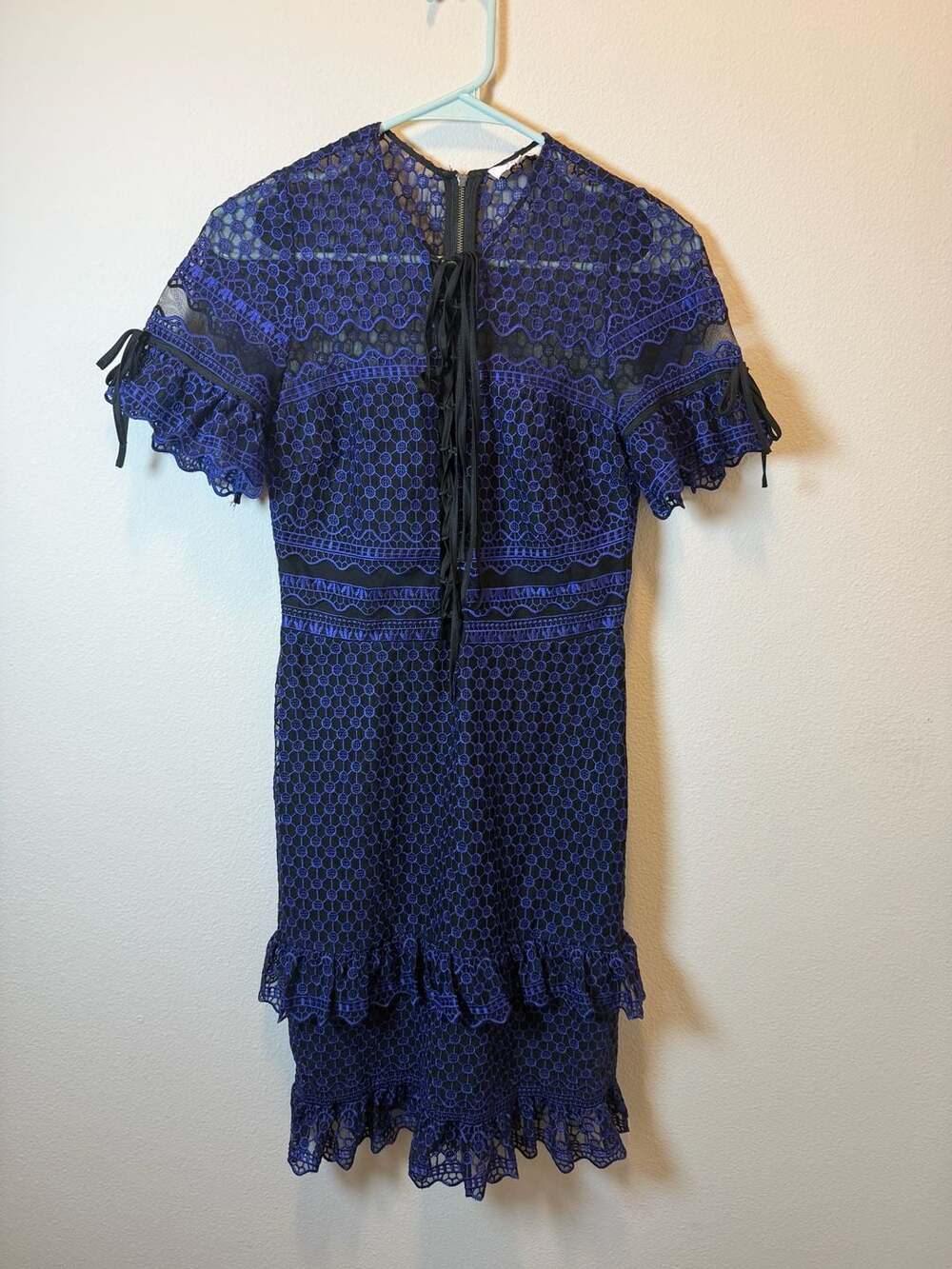 Parker Blue Black Geometric Lace Ruffle Mini Dress XS